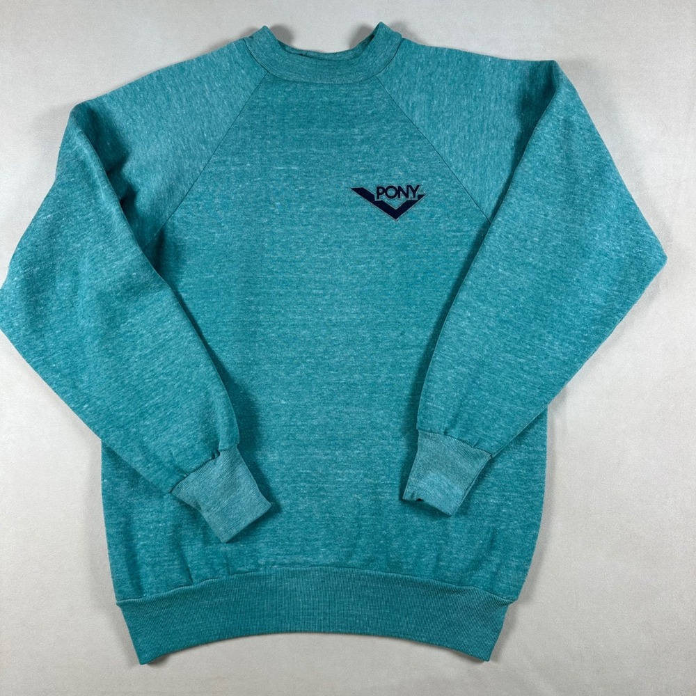 Vintage PONY Sweatshirt L Teal Chevron Logo Raglan Crewneck Retro Athletic